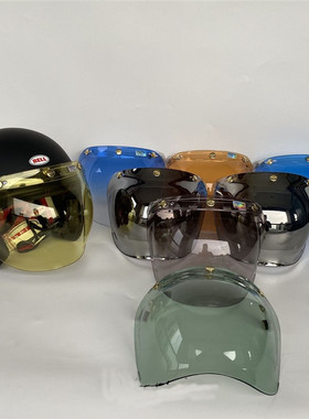 复古biltwell摩托车头盔防风bell 泡泡镜片3/4半盔通用可翻转支架