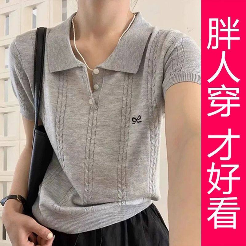 【专柜大码】2026 新款温柔风针织上衣 Polo 领蝴蝶结图案 T 恤