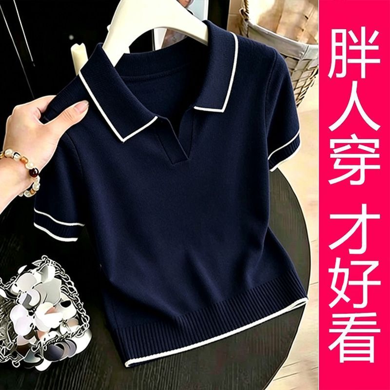 【专柜大码】藏青色撞色Polo领针织衫短袖女夏季新款显瘦百搭上衣图片