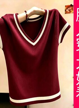 【专柜大码】红色撞色边 V 领针织短袖女 2026 夏季显瘦气质上衣
