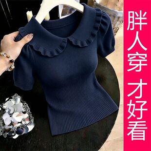 【专柜大码】藏青色木耳边娃娃领坑条针织短袖女夏季显瘦百搭上衣
