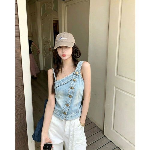 2026新款斜肩牛仔吊带背心女夏
