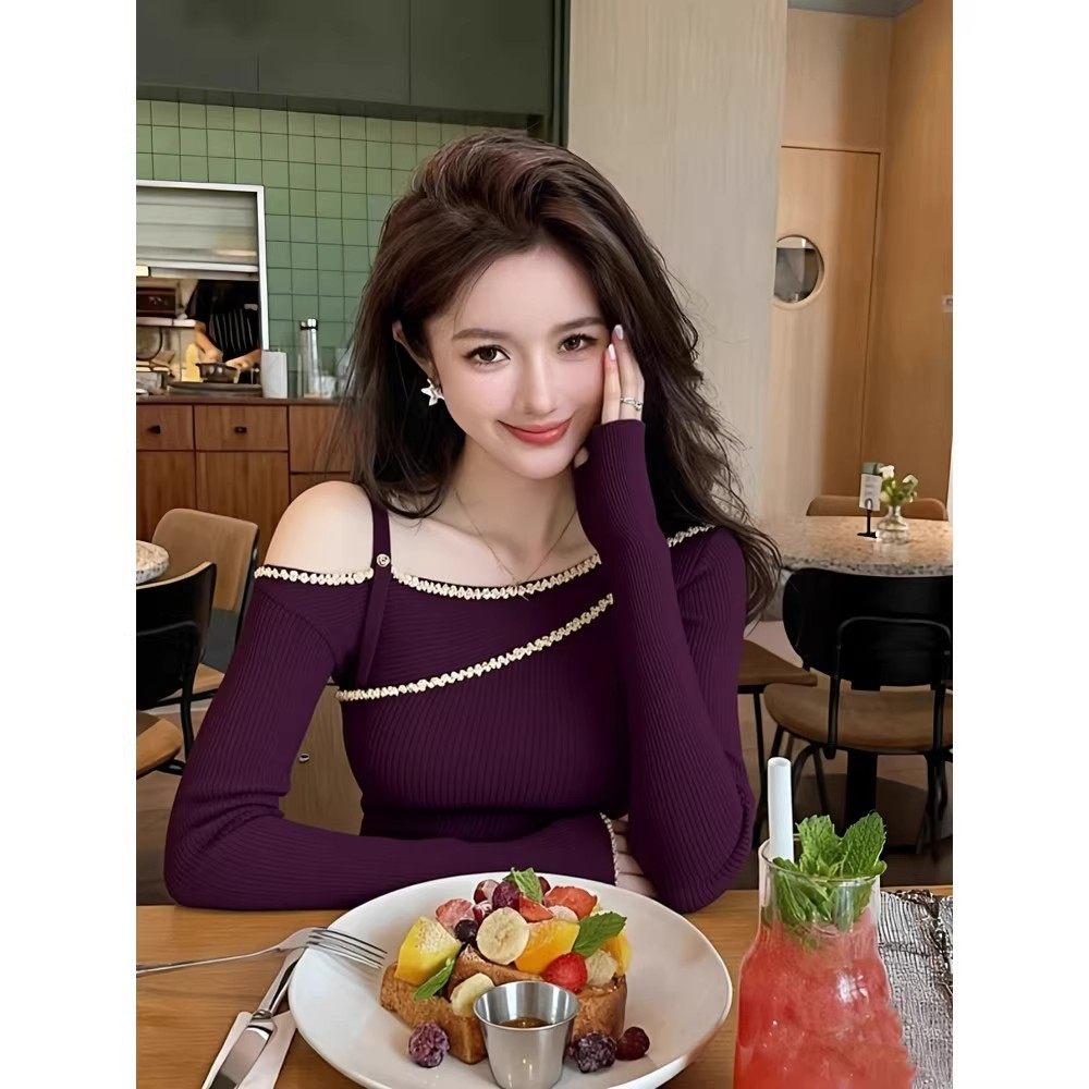 复古不规则斜肩露肩针织打底衫女内搭秋冬巨好看紫色修身长袖上衣,女装/女士精品,毛针织衫,淘宝优惠券,粉丝福利购,淘宝优惠卷