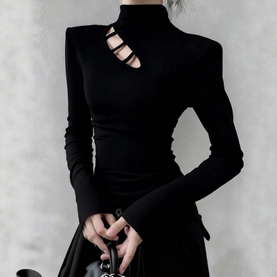 秋冬新款辣妹镂空半高领磨毛加绒打底衫女内搭不规则正肩长袖t恤