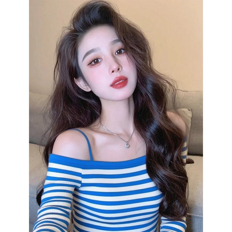 辣妹风一字肩蓝白条纹打底衫女