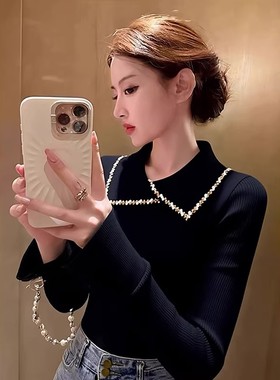 秋冬独特黑色修身显瘦毛衣针织打底衫女复古钉珠翻领长袖正肩上衣