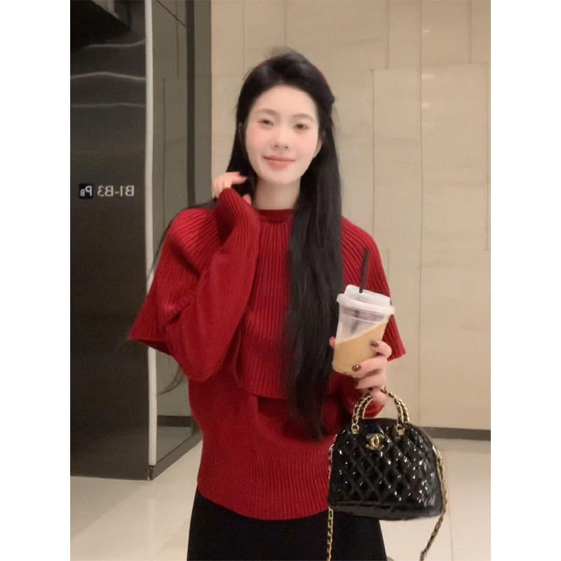 2026年新款法式温柔风红色披肩斗篷毛衣秋冬新款氛围感针织上衣女,女装/女士精品,毛针织衫,淘宝优惠券,粉丝福利购,淘宝优惠卷