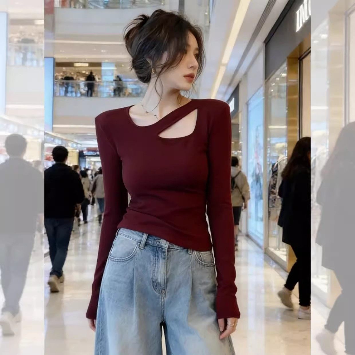 酒红色加绒加厚方领长袖t恤女秋冬内搭修身显瘦设计感打底衫上衣,女装/女士精品,T恤,淘宝优惠券,粉丝福利购,淘宝优惠卷