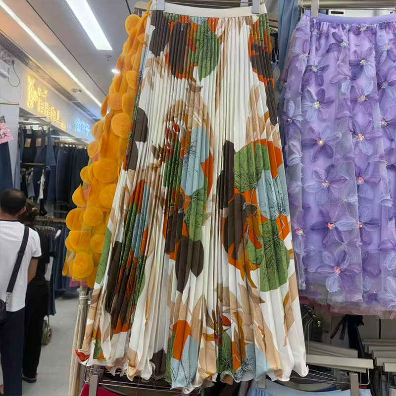 法式彩色油画印花百褶裙大摆裙