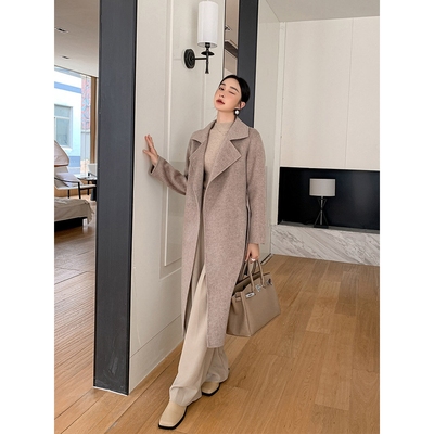 官网正品粉色双面羊绒大衣女秋冬中长款系带驼绒大衣气质时尚羊毛