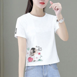 新款 官网正品 2025夏季 棉质白色短款 宽松矮个子高腰 T恤女上衣短袖