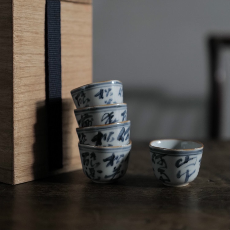 景德镇弥云斋慕古青花诗文六角套杯五入五客杯