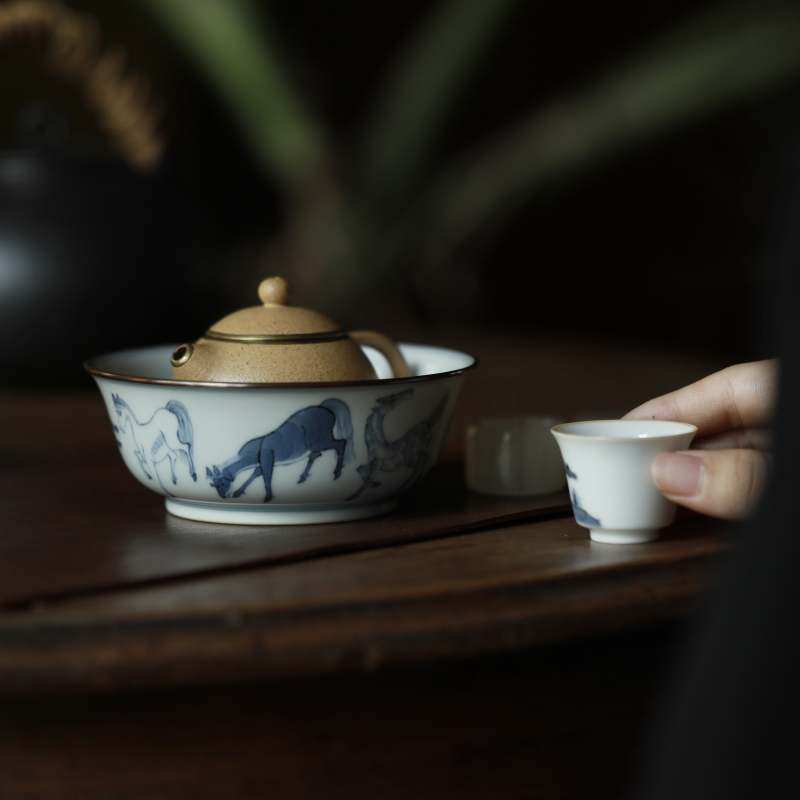 景德镇弥云斋踏月青花八马纹壶承干泡台茶承手工手绘限量款