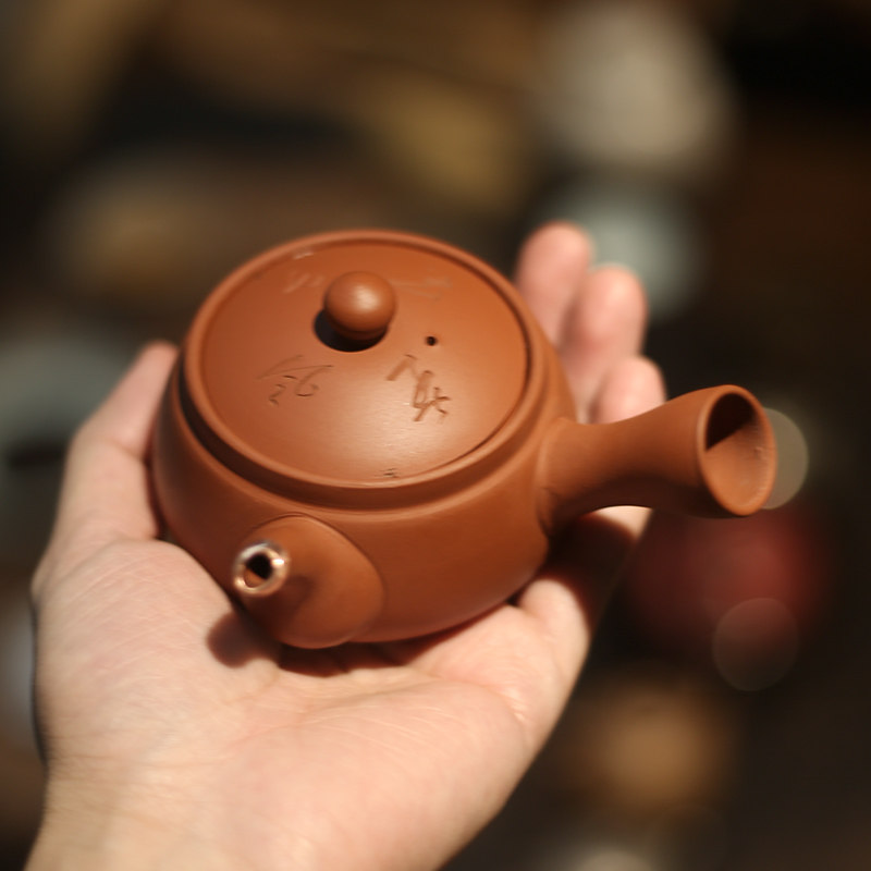 日本常滑烧老壶手拉胚雕刻侧把壶急须壶紫砂功夫茶具小号130ml