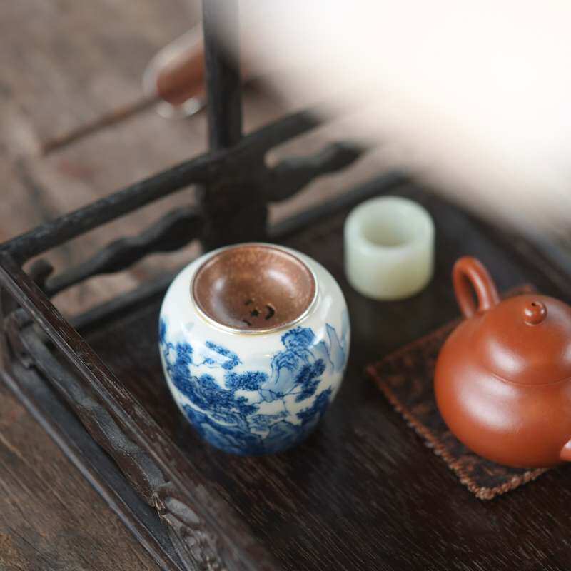 弥云斋忘归景德镇手绘青花松风小建水茶洗紫铜手工打铜盖迷你水洗