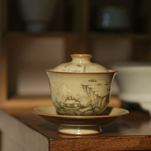 谢小金盖碗五彩手绘雪景