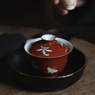 景德镇弥云斋绛珠粉彩珊瑚红枸杞盖碗单个陶瓷茶具手工手绘限量款