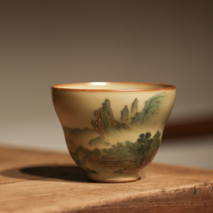 谢小金柴窑五彩手绘平湖秋月图茶杯景德镇全手工主人杯个人单杯小