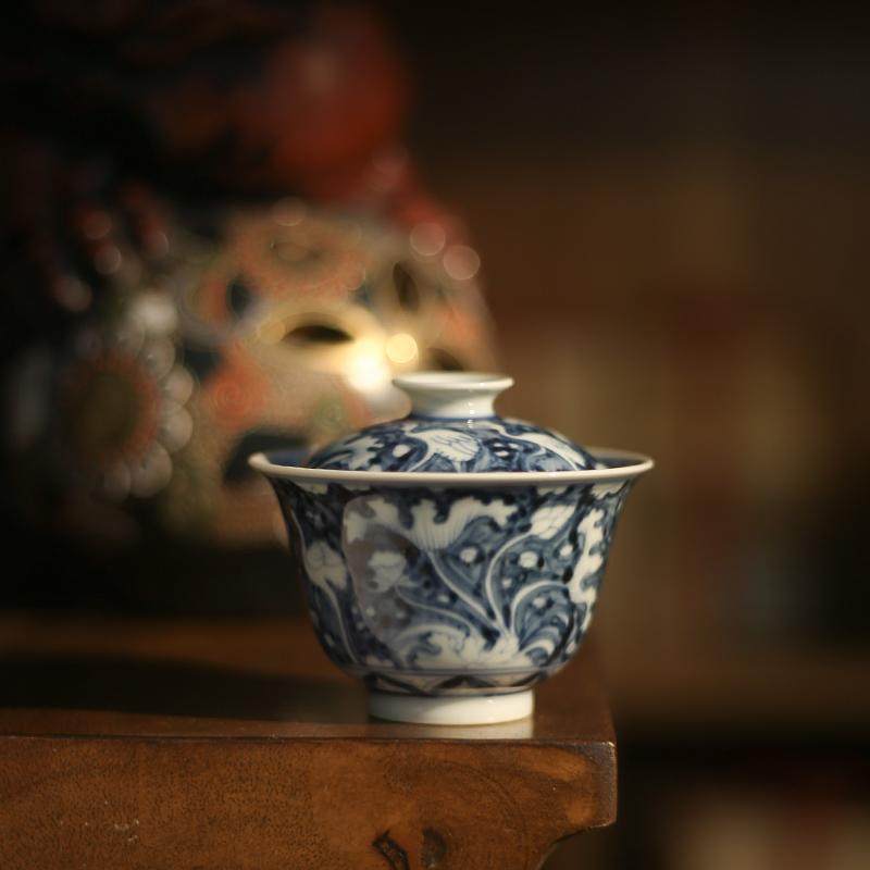 云由山坊 景德镇手绘元青花一鹿莲升盖碗小号陶瓷功夫茶具泡茶杯,餐饮具,盖碗,淘宝优惠券,粉丝福利购,淘宝优惠卷