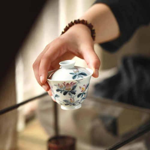 景德镇弥云斋(浓华)斗彩玉兰盖碗纯手工手绘限量款