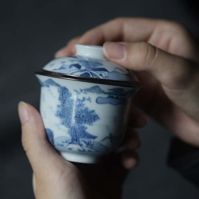 满庭风手绘青花蕉林诗文盖碗