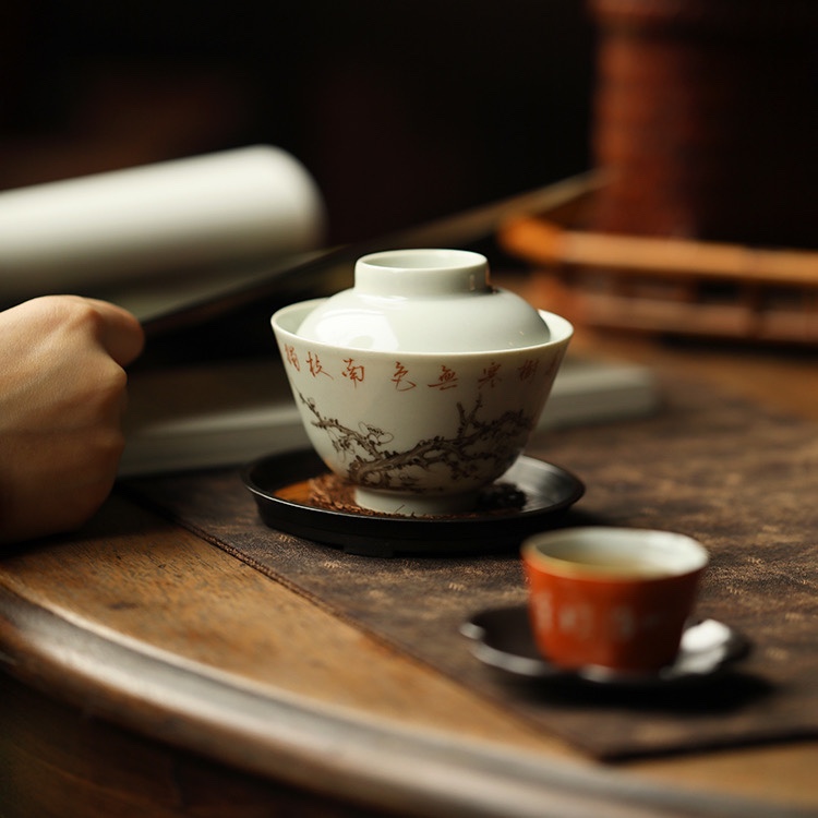 弥云斋南枝墨彩梅枝盖碗茶杯单个功夫茶具小号家用泡茶碗
