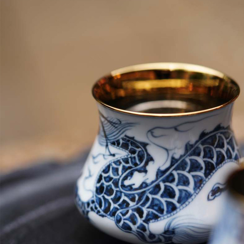 景德镇弥云斋有灵青花祥龙纹品鉴杯内镀钛手绘咖啡杯主人杯单杯