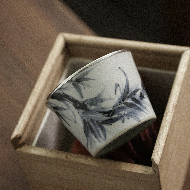 弥云景德镇手绘青花问竹仿古锔银口茶杯主人杯个人杯陶瓷功夫茶具