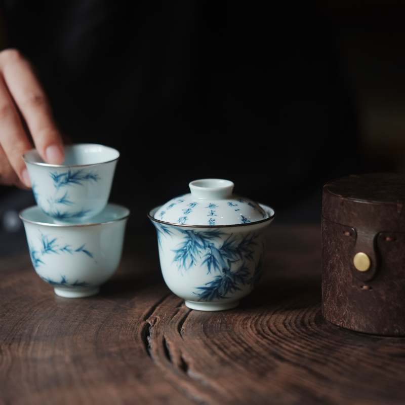 景德镇手绘青花釉下彩墨竹茶事组