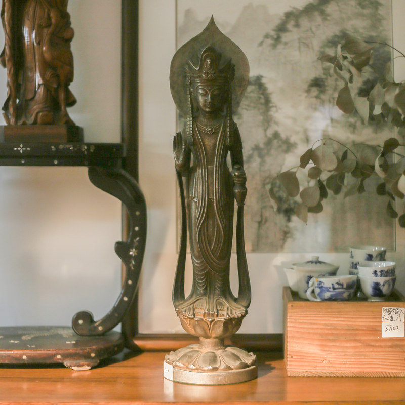 日本雕刻名家泽田政广作铜制镀银圣观音菩萨立像佛像茶室摆件大号