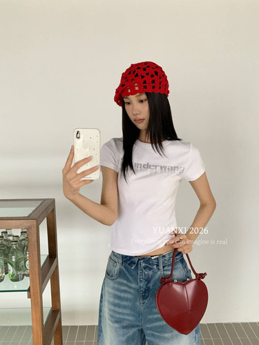 元熙267124美式烫钻字母圆领短袖T恤女掐腰修身显瘦百搭正肩上衣