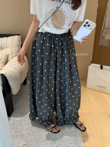 柠檬绿茶10732波点懒人居家外穿花苞休闲裤女宽松显瘦阔腿长裤子