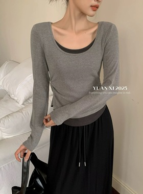元熙6068-2假两件U领加绒加厚长袖T恤女秋冬弹力修身显瘦打底上衣
