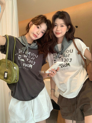 柠檬绿茶10679美式复古字母印花圆领短袖T恤女夏宽松显瘦百搭上衣
