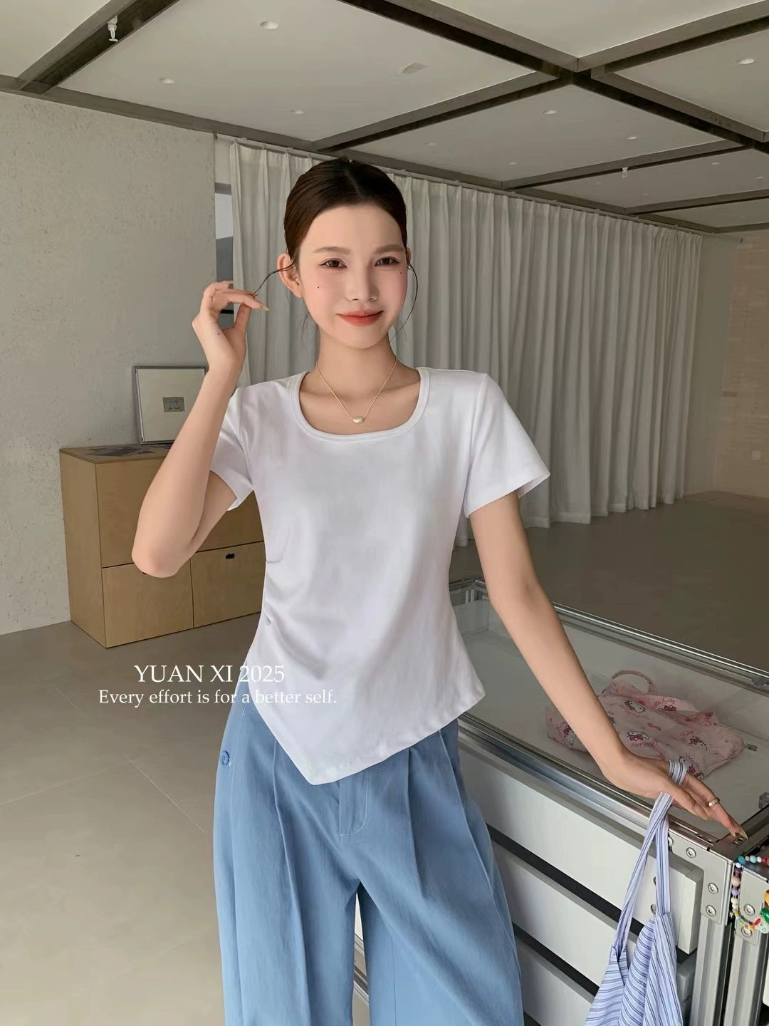 元熙7119方领纯色短袖T恤女2025夏季不规则设计感修身显瘦上衣潮