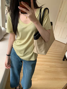 上衣 闰熙runxi4394韩版 v领短袖 面膜T恤女夏季 简约百搭舒适打底衫