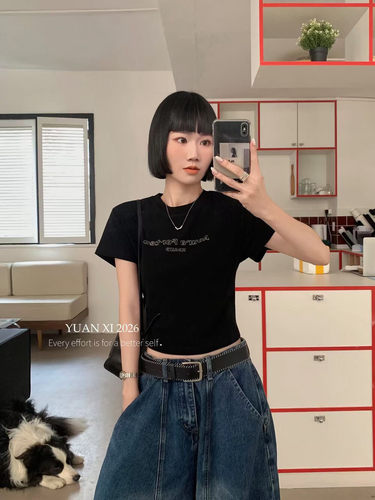元熙8015韩版简约印花字母短袖圆领T恤女高腰短款修身正肩上衣潮
