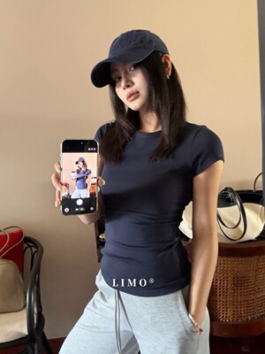 吉茄家 LIMO6069简约纯色纸皮人圆领短袖T恤女修身显瘦小飞袖上衣