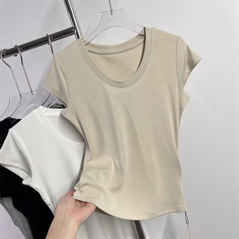 春夏新款v领收腰纯欲小性感短袖