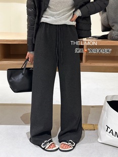 柠檬绿茶7039秋冬加绒加厚松紧腰休闲裤 子 女宽松显瘦直筒阔腿长裤