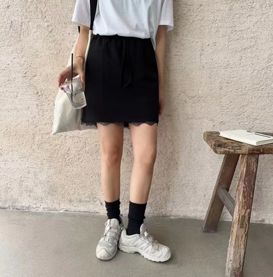 beyourself韩版蕾丝拼接半身裙女秋松紧高腰显瘦A字裙短裙子68137