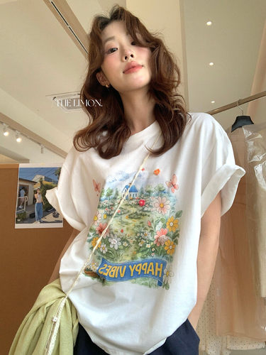 柠檬绿茶10298韩版花朵立体印花圆领短袖T恤女2026夏季宽松上衣潮