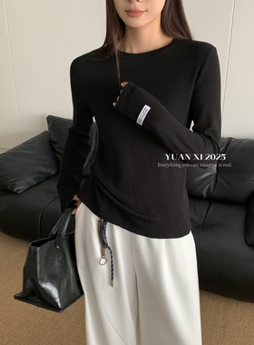 元熙3086-3秋冬新款加绒圆领长袖T恤女 宽松显瘦百搭打底衫上衣软