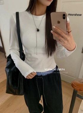 元熙家3099-1秋冬新款加绒加厚圆领长袖T恤女百搭显瘦打底衫上衣