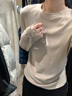 hers92584圆领蕾丝拼接长袖T恤女秋冬修身显瘦内搭磨毛打底衫上衣