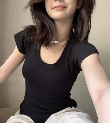 hers20773韩系U领短袖T恤女夏爆款网红同款简约百搭收腰显瘦上衣