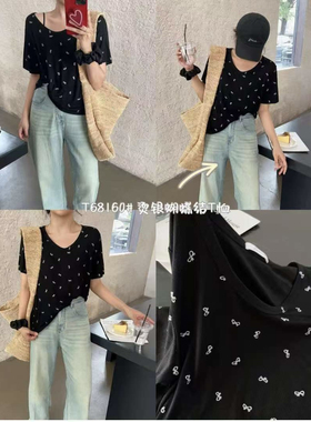 beyourself68160韩系蝴蝶结闪闪v领短袖T恤女 夏新款宽松显瘦上衣