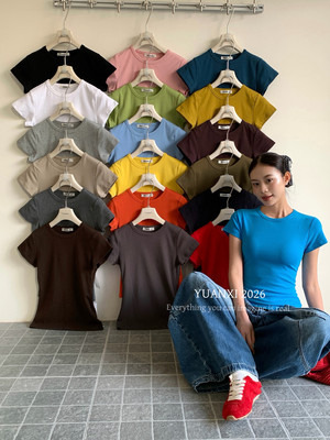 元熙经典纯色爆显瘦纸片感蚂蚁掐腰女春夏设计圆领棉短袖T恤26313