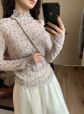 hers92265韩系叠叠穿半高领碎花蕾丝衫女简约百搭显瘦内搭长袖T恤