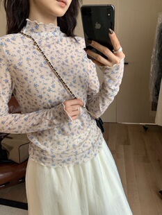 hers92265韩系叠叠穿半高领碎花蕾丝衫女简约百搭显瘦内搭长袖T恤